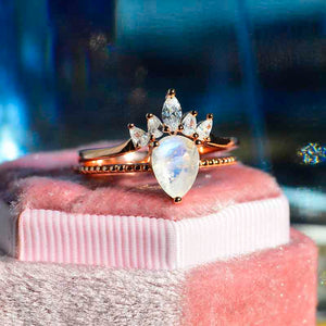 Genuine Pear Cut Moonstone Ring- Two Ring Set