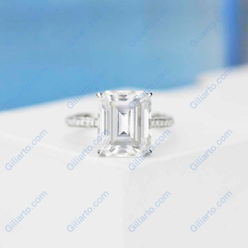 5 Carat Giliarto Emerald Cut Moissanite Hidden Halo Engagement Ring