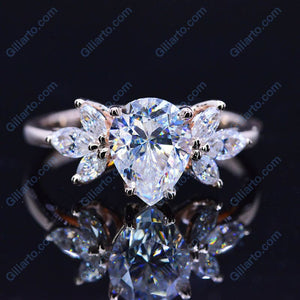 Pear Shaped Moissanite Engagement Ring. Vintage Unique Marquise Cut Cluster Engagement Ring