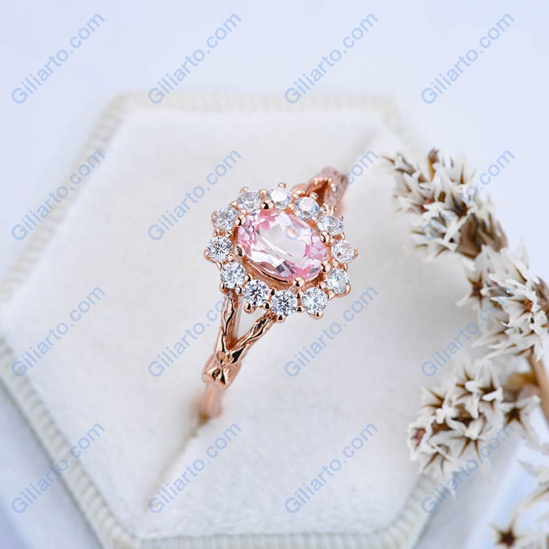 1 Carat Oval Cut Vintage Rose Pink Sapphire Ring, Rose Gold Floral Unique Oval Halo Ring