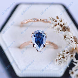 3 Carat Pear Shaped Dark Gray Blue Moissanite  Engagement Eternity Rose Gold Ring Set