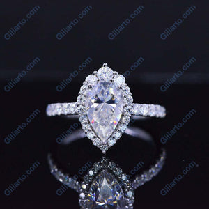 14K Solid White Gold 3 Carat Halo Pear Cut Moissanite Ring