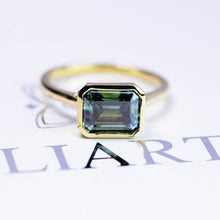 Load image into Gallery viewer, 3 Carat Green Moissanite Engagement Ring, Bezel Set Emerald Cut Moissanite Engagement Ring, Moissanite Classic Engagement 14K Yellow Gold Ring
