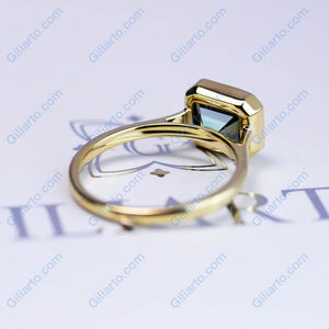 3 Carat Green Moissanite Engagement Ring, Bezel Set Emerald Cut Moissanite Engagement Ring, Moissanite Classic Engagement 14K Yellow Gold Ring