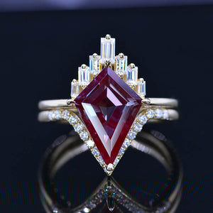 14K Gold 4 Carat Kite Alexandrite Halo Engagement Ring, Eternity Ring Set