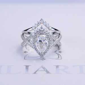 14K White Gold 1.5 Carat Pear Moissanite Halo Twisted Engagement Ring Eternity Ring Set