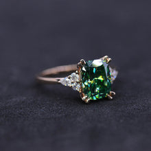 Load image into Gallery viewer, 2.5Ct Cushion Green Moissanite Vintage Engagement Ring, Cushion Moissanite Engagement Ring, Marquise Side Accents Stones 14K Rose Gold Ring

