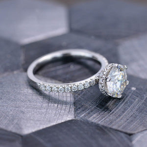 2 Carat Round Moissanite Hidden Halo Engagement Ring, Four Prongs Moissanite Ring, Victorian 14K White Gold Ring
