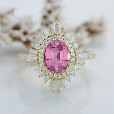 1.5 Carat Oval Pink Sapphire Cut Halo 14K Yellow Gold Engagement Ring
