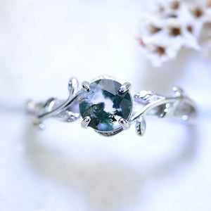Genuine Moss Agate Twig Floral White Gold Engagement  Ring