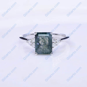 3Ct Emerald Shape Step Cut Moss Agate Gold Engagement Ring