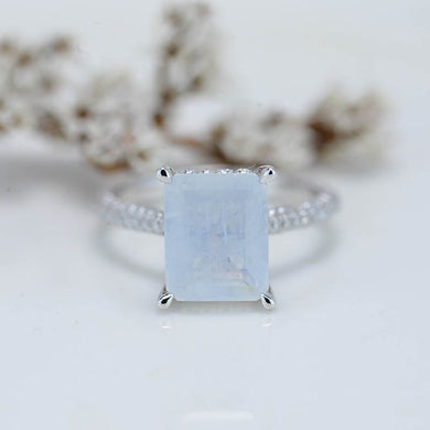 4 Carat Giliarto Emerald Cut Genuine Moonstone Hidden Halo Engagement Ring