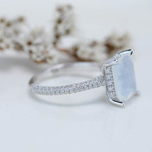 4 Carat Giliarto Emerald Cut Genuine Moonstone Hidden Halo Engagement Ring