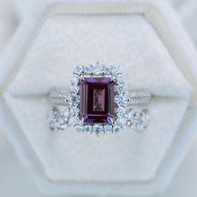 Load image into Gallery viewer, 3Ct Alexandrite Engagement Ring Halo Emerald Cut Alexandrite Engagement Ring, 9x7mm Step Cut Alexandrite Engagement Ring with Eternity Band
