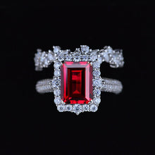 Load image into Gallery viewer, 3Ct Ruby Engagement Ring Halo Emerald Cut Ruby Engagement Ring, 9x7mm Step Cut Ruby Engagement Ring with Eternity Band
