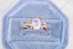 Dainty Natural Moonstone Leaf Ring, 2ct Oval Cut Twig Moonstone Ring, Rose Gold Ring Unique Curved Floral Ring