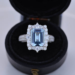 3Ct Genuine Aquamarine Engagement Ring Halo Emerald Step Cut Aquamarine Engagement Ring