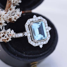 Load image into Gallery viewer, 3Ct Emerald cut Halo Aquamarine ring, Aquamarine solitaire ring, natural aquamarine ring, genuine aquamarine emerald cut vintage ring
