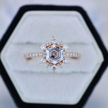 Load image into Gallery viewer, 3 Carat Hexagon Moissanite Snowflake Halo Engagement Ring. Victorian 14K Rose Gold Ring
