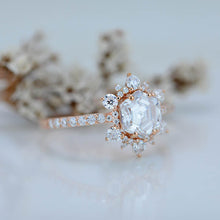 Load image into Gallery viewer, 3 Carat Hexagon Moissanite Snowflake Halo Engagement Ring. Victorian 14K Rose Gold Ring
