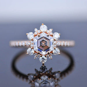 3 Carat Hexagon Moissanite Snowflake Halo Engagement Ring. Victorian 14K Rose Gold Ring