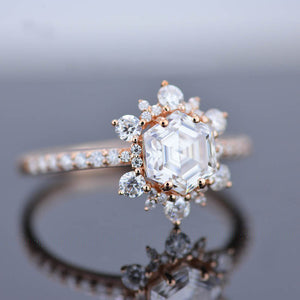 3 Carat Hexagon Moissanite Snowflake Halo Engagement Ring. Victorian 14K Rose Gold Ring