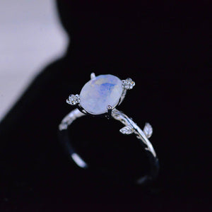 White Gold Dainty Natural Moonstone Leaf Ring, 2ct Oval Moonstone Twig Ring