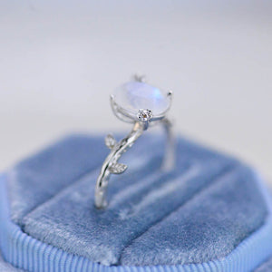 White Gold Dainty Natural Moonstone Leaf Ring, 2ct Oval Moonstone Twig Ring