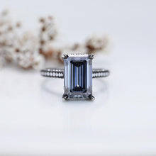 Load image into Gallery viewer, 4ct Emerald Cut Dark Gray-Blue Moissanite Black Gold Engagement Ring
