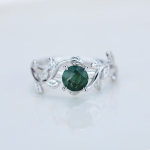 Genuine Moss Agate Twig Floral White Gold Engagement  Ring