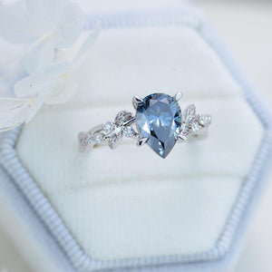 3 Carat Dark Gray-Blue Pear Cut Moissanite Floral Gold Engagement Ring