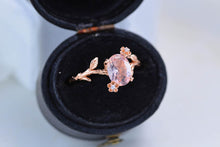 Load image into Gallery viewer, Dainty Peach Morganite Leaf Ring,  Oval Cut Twig Morganite Ring, Rose Gold Ring Unique Curved Floral Ring

