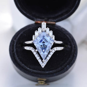 14K White Gold 4 Carat Kite Dark Gray Blue Moissanite Halo Engagement Ring, Eternity Ring Set