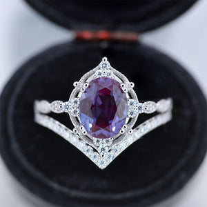 14K White Gold Ring 2CT Oval Vintage Wedding Ring, Oval Alexandrite Halo Engagement Ring Set