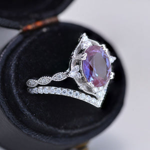 14K White Gold Ring 2CT Oval Vintage Wedding Ring, Oval Alexandrite Halo Engagement Ring Set
