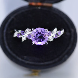 Genuine  Amethyst  Floral White Gold Engagement  Ring