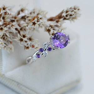 Genuine  Amethyst  Floral White Gold Engagement  Ring