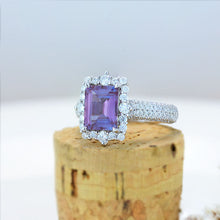Load image into Gallery viewer, 3Ct Alexandrite Engagement Ring Halo Emerald Step Cut Alexandrite  Engagement Ring
