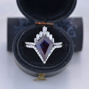14K Gold 4 Carat Kite Alexandrite Halo Engagement Ring, Eternity Ring Set