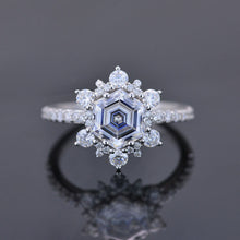 Load image into Gallery viewer, 3 Carat Hexagon Moissanite Snowflake Halo Engagement Ring. Victorian 14K White Gold Ring
