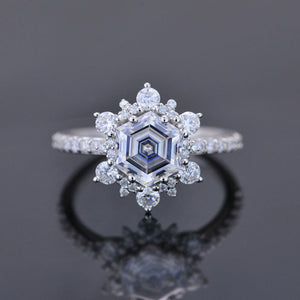 3 Carat Hexagon Moissanite Snowflake Halo Engagement Ring. Victorian 14K White Gold Ring