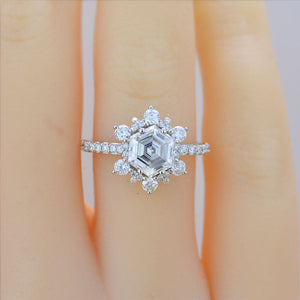 3 Carat Hexagon Moissanite Snowflake Halo Engagement Ring. Victorian 14K White Gold Ring