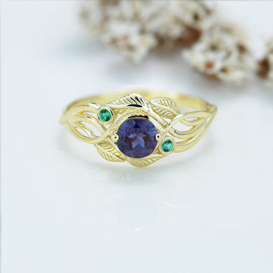 Alexandrite Yellow Gold Engagement Lattice Floral Accented Ring