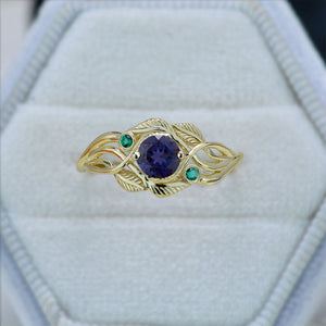Alexandrite Yellow Gold Engagement Lattice Floral Accented Ring