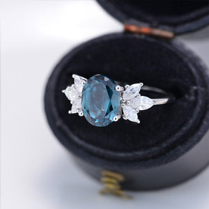 2 Carat Oval Teal Sapphire Halo Vintage Cluster 14K White Gold Engagement Ring