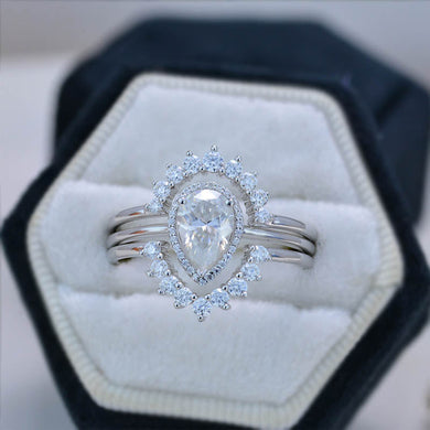 1.5 Carat Pear Halo Engagement 14K White Gold  Ring Eternity Ring Set