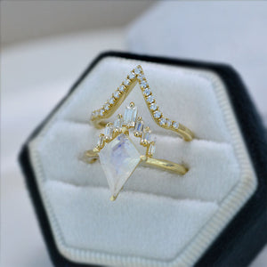 3 Carat Kite Moonstone Halo 14K Gold  Engagement Ring, Eternity Ring Set