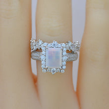 Load image into Gallery viewer, 3Ct White Opal Engagement Ring Halo Emerald Cut Opal Engagement Ring, 9x7mm Step Cut White Opal Engagement Ring with Eternity Band
