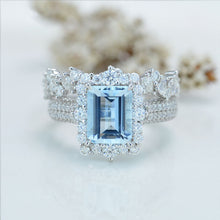 Load image into Gallery viewer, 4Ct Genuine Aquamarine Engagement Ring Halo Emerald Step Cut Aquamarine Engagement Ring
