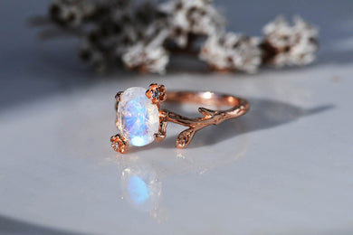 Dainty Natural Moonstone Leaf Ring,  Oval Cut Twig Moonstone Ring, Rose Gold Ring Unique Curved Floral Ring